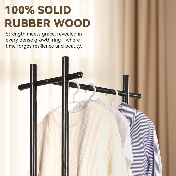 Wood Coat Rack Freestanding Clothing Rack with 3 Storage Shelves and 5 Hooks Coat Tree Heavy-Duty Garment Rack for Corner Entryways Living Rooms and Bedrooms, Black - Image 6