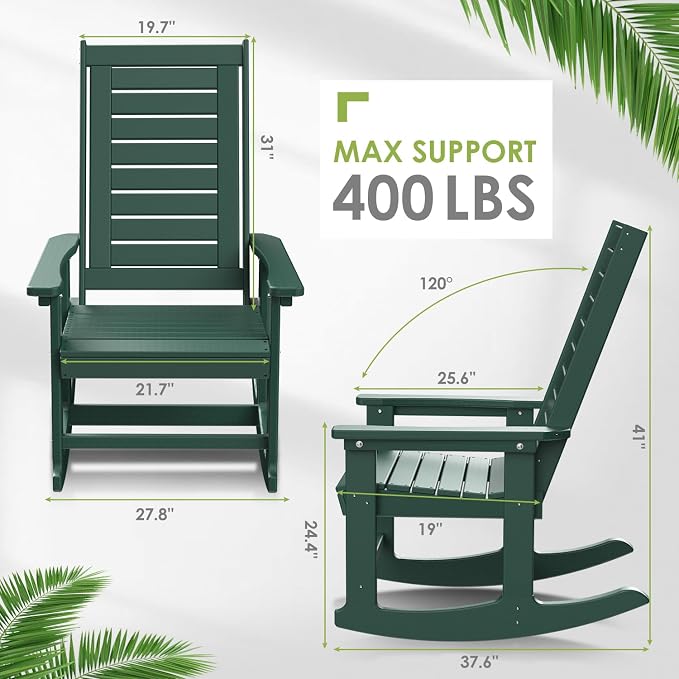 GREENVINES Outdoor Rocking Chairs | Set of 4 | Porch Rocker | HDPE Plastic | Forest | Oversized Rockers | High Back | Big & Tall | Ladder Back | for Patio Outside Backyard Balcony Garden - Image 3