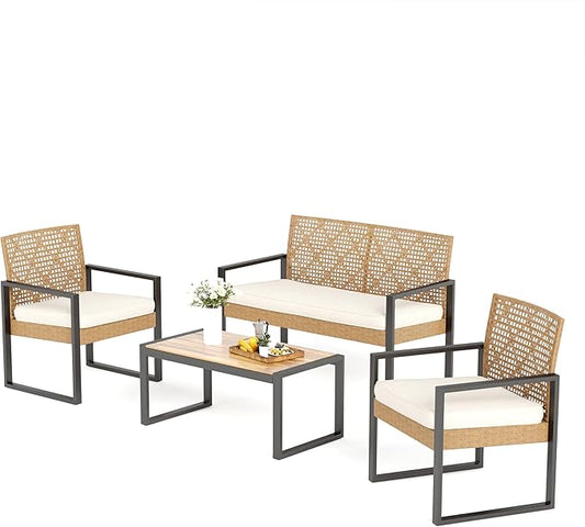 MFSTUDIO Patio Sofa Set for 4, Outdoor Rattan Couch with Wood Table & 2 Chairs, Outdoor Wicker Loveseat Sofa, Patio Sectional Couch Set for Backyard, Beige