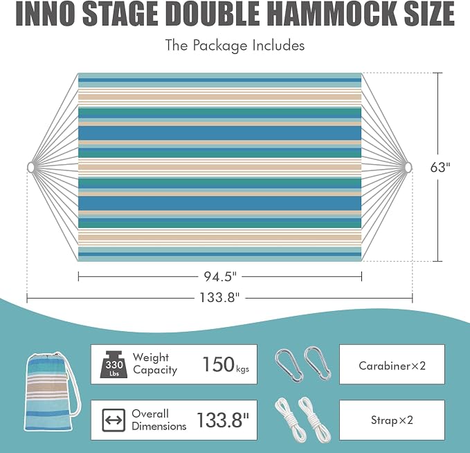 INNO STAGE 2 Persons Hammock with Tree Straps - Brazilian Double Hammocks, Portable Hanging Camping Bed for Patio, Backyard, Porch, Outdoor and Indoor Use Soft Cotton Carrying Bag, Blue, XX-Large - Image 2