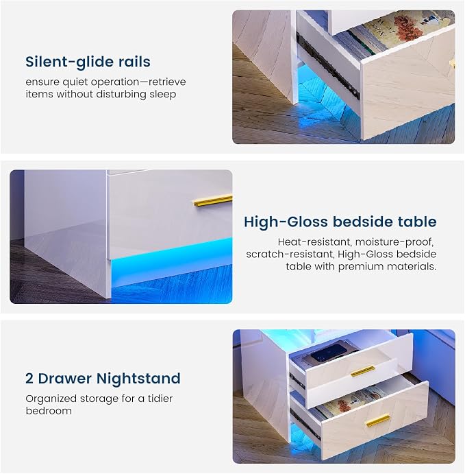 HNEBC Auto LED Nightstand with Wireless Charging Station & USB Ports,High Gloss Bedside Tables with 2 Drawers,Floating Nightstand with 3 Color & Adjustable Brightness for Bedroom,White - Image 9