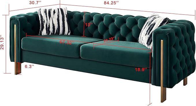 KEIKI 84" Chesterfield Velvet Tufted Button Sofa with Removable Cushions and 2 Toss Pillows, Modern 3-Seater Couch with 4 Gold Metal Legs, Easy Assembly, for Living Room, Bedroom, Apartment, Green