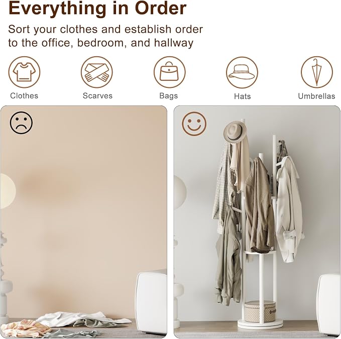 Muwuele Solid Wood Rotary Coat Rack, Freestanding Coat Rack with 3 Shelves and 9 Hooks, Coat tree for Bedroom, Entryway, Livingroom, Coat Hanger Stand for Coats, Scarves, Handbags (White) - Image 6