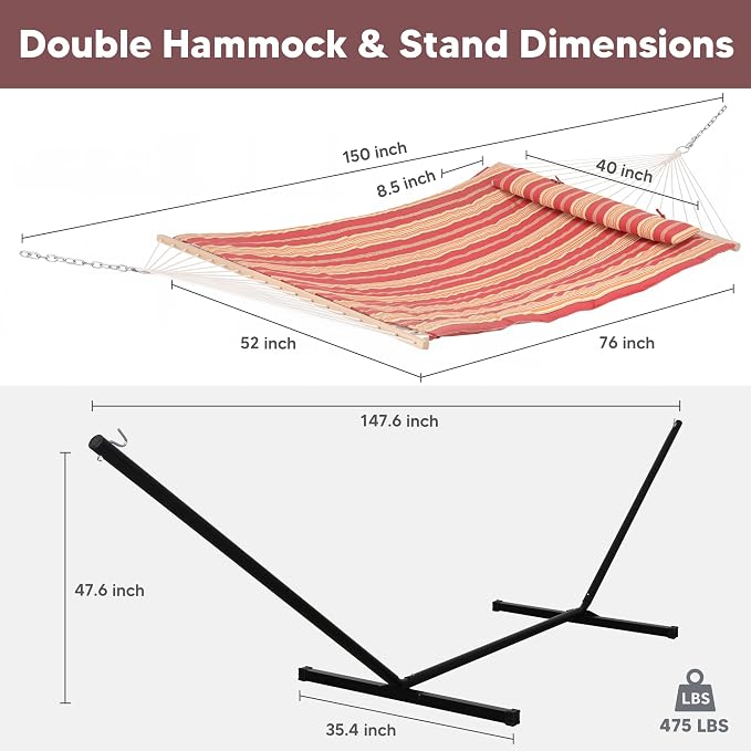 SUNCREAT Hammocks Portable Hammock with Stand, Hammock with Stand 2 Person Heavy Duty for Bedroom, Backyard, Patio, Balcony, Red Stripe - Image 5