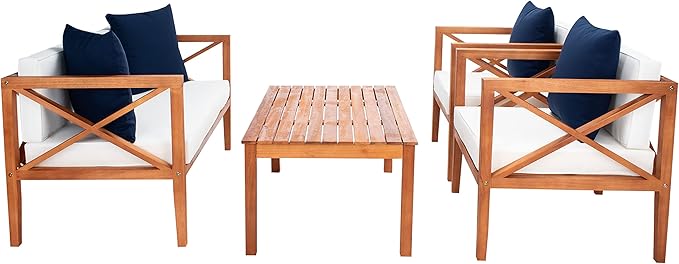Safavieh PAT7031A Collection Nunzio Teak and White and Navy 4 Pc Accent Pillows Outdoor Set