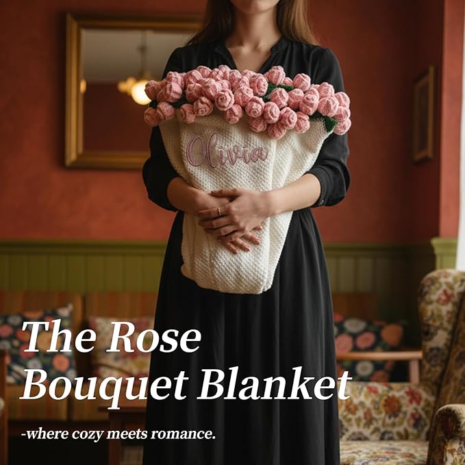 Personalized Handmade Crochet Rose Flower Blanket Bouquet – Custom Name Gift for Mother's Day, Valentine’s Day, Mom or Girlfriend（Pink）