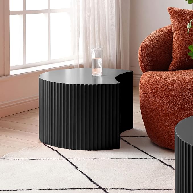 kevinplus 55.12'' Black Round Nesting Coffee Table Set of 2, Modern Side End Table for Living Room, Contemporary Wood Circle Embossed Crescent Design, No Assembly, Black