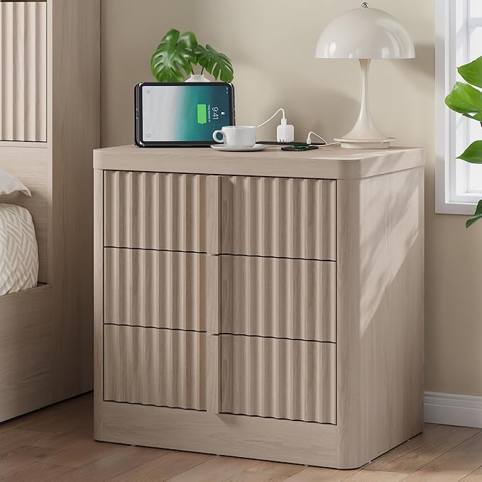 Fluted Dresser and Nightstand 4-Piece Bedroom Set, 47" Wide 6-Drawer + 49" Tall 6-Drawer Dresser and 2 of 3-Drawer Nightstand with Charging Station, Modern Bedroom Dressers Sets, Hallway, White Alder