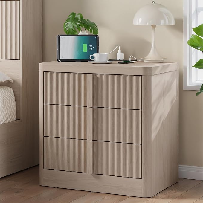 Fluted Nightstand with Charging Station, 23.6" Night Stand with Solid Wood Handle, Mid Century Modern Bedside Table End Table 3 Drawer Dresser for Bedroom, Living Room, White Alder by Harpaq