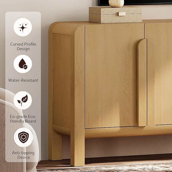 WAMPAT 2 Piece Bedroom Set, Modern 63" Wide Dresser Cabinet and Nightstand Set with Charging Station,Wood Storage Closet Chest with Curved Profile Handles for Bedroom,Oak