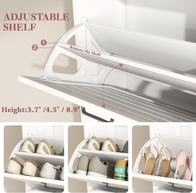 Narrow Shoe Storage Cabinet with 3 Flip Drawers, Doors & Adjustable Shelves, Slim Shoe Rack Cabinet for Entryway Closet, Deodorizing Wooden Boot Storage Organizer Freestanding Hidden, White - Image 3