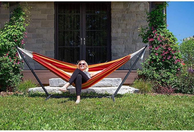Vivere Brazilian Style Sunbrella Double Hammock with Steel Stand Combo, Sunset - Image 2