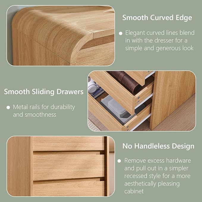 Aitjunz 25" Tall Modern Nightstand with Charging Station, 23.6'' Wide Wood Bedside Table w/3 Storage Drawers, Small Dresser w/Curved Profile Design, End Table for Bedroom, Natural Oak - Image 5