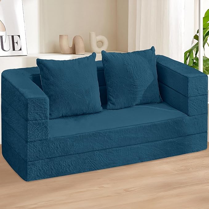 Futon Sofa Bed with Pillow, 3-in-1 Sleeper Sofa Bed with Removable Cover, Convertible Floor Sofa Bed, No Assembly Boneless Couch for Living Room, Bedroom