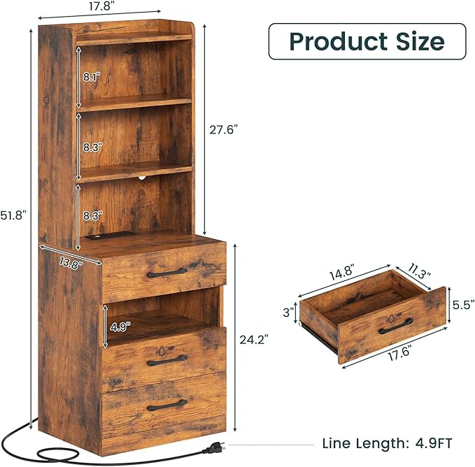 AOGLLATI Tall Night Stand Set of 2, Nightstand with Charging Station and LED Lights, Rustic Brown Bedside Table with Bookshelf, 3 Drawers and Open Shelves, Modern End Side Table for Bedroom - Image 3