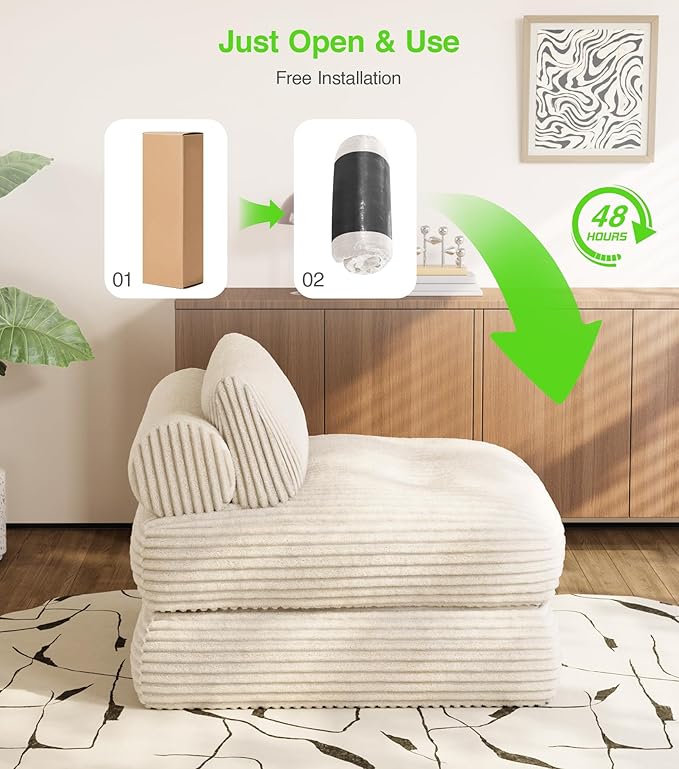 Plush Corduroy Folding Sofa Bed, Free Setup Floor Beds, 34" Boneless Couch for Small Spaces, Corner Chair, Convertible Sleeper Chair, Corner Couch, Foldable Sleeper Sofa Beds, Beige