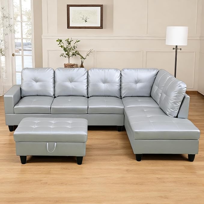 NicBex Modular L-Shaped Sectional Couches, 3-Piece Convertible Couch with Storage Ottoman, 4-Seat Comfy Sofa with Chaise for Living Room & Apartment, Silver