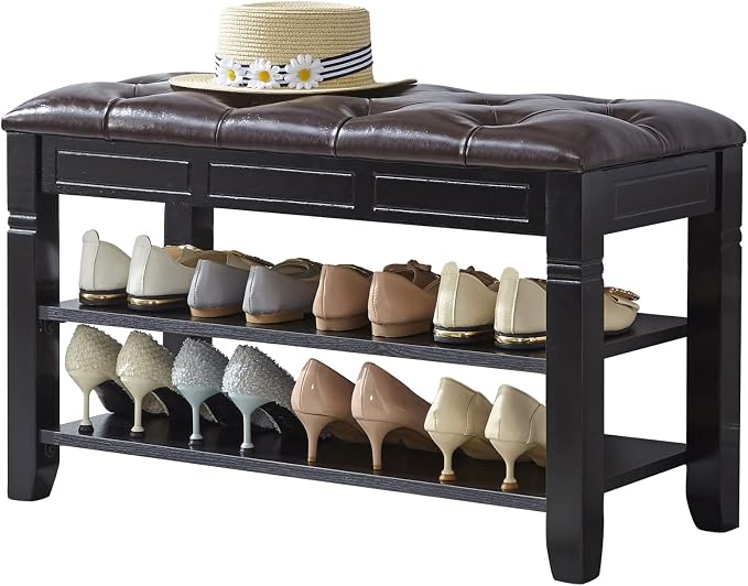 LEILISI Shoe Bench, Storage Rack Organizer with Cushion 2 Tier Lift Top Shoe Rack for Entryway Living Room Bedroom Hallway Wooden Furniture (Black, 31.5'') by LEILISI