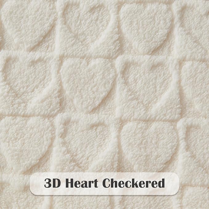 NEWCOSPLAY Super Soft Throw Blanket Off White Love Premium Silky Flannel Fleece 3D Heart Checkered Lightweight Bed Blanket All Season Use (Off White Love, Throw(50"x70"))