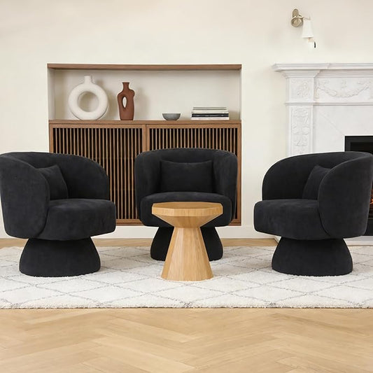 ClinQ Swivel Barrel Chair with Pillow Set of 3, Cloud Velvet Accent Chair, Upholstered Cuddle Reading Lounge Chair, 360° Modern Boucle Swivel Curved Armchair for Living Room, Bedroom, Office, Black