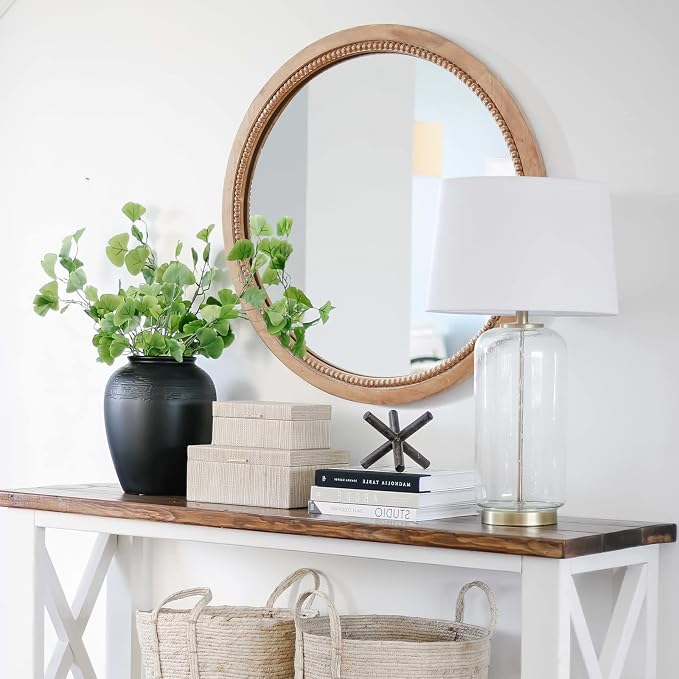 sawsile Round Wood Mirror,28 inch Circle Rustic Farmhouse Natural Wooden Frame Boho Beads Wall Mirror for Bathroom,Living Room,Bedroom or Entryway - Image 4