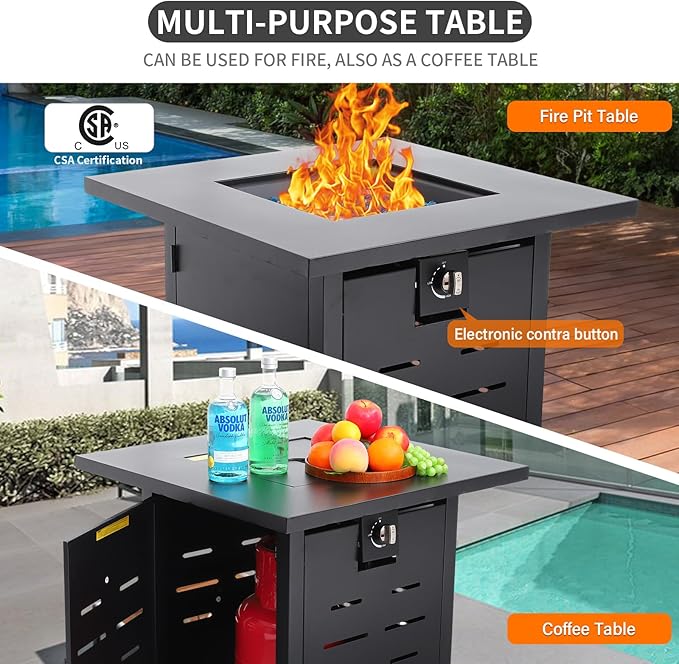 7 Pieces Outdoor PE Wicker Furniture Set Patio Rattan Sectional Conversation Sofa Set with Navy Blue Cushions and Fire Pit Table