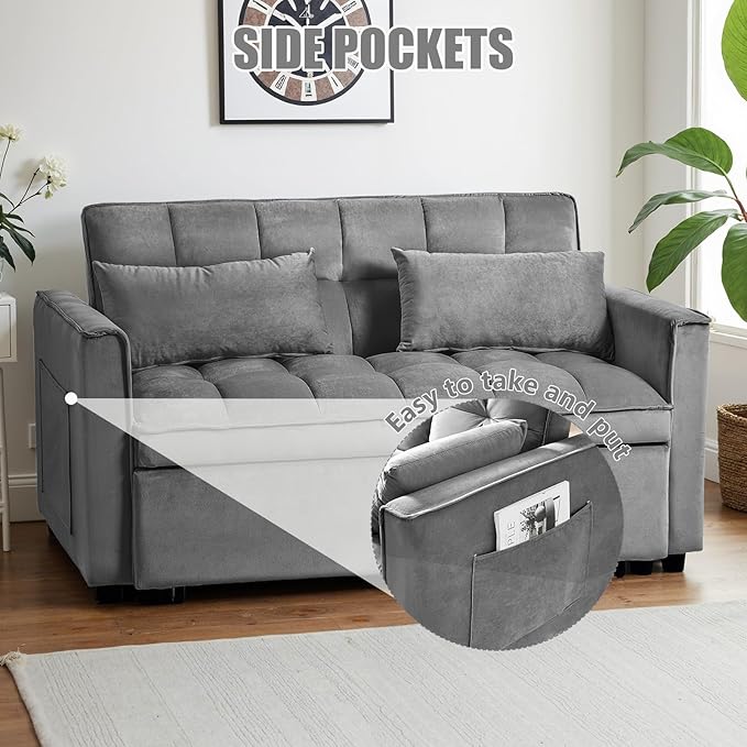 3 in 1 Sleeper Sofa Bed, Pull Out Couch, Convertible Futon Loveseat with krest, Dinotefuran Living Room Chaise Lounr Home Apartment Office, Dark Grey