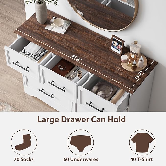 White Dresser for Bedroom, Modern 7 Chest of Drawers, 47" Wide Chest of Drawers w/Brushed Metal Handle, Wood Closet Organizers and Storage Cabinet for Bedroom, Living Room, Hallway - Image 5