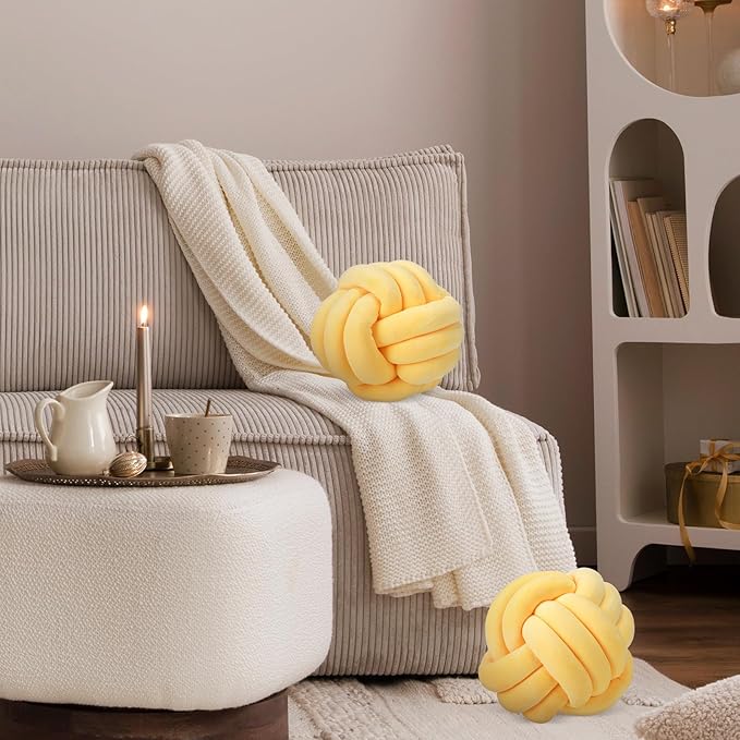 Namalu 2 Pcs Soft Knot Pillow Ball, Decorative Round Throw, Soft Knotted Plush Pillows, Handmade Stuffed Ball Pillows Cushion for Bedroom Sofa Couch Home Decor(7.87 Inches,Light Yellow)