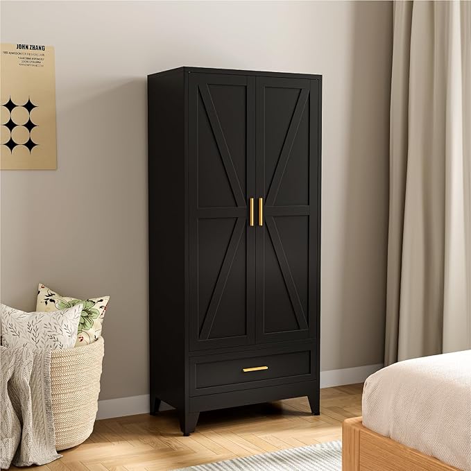 Metal Wardrobe Cabinet, 71" Tall Armoire Wardrobe Closet with Drawer,Hanging Rod and Adjustable Shelf, Farmhouse Clothing Storage Cabinet for Bedroom, Laundry