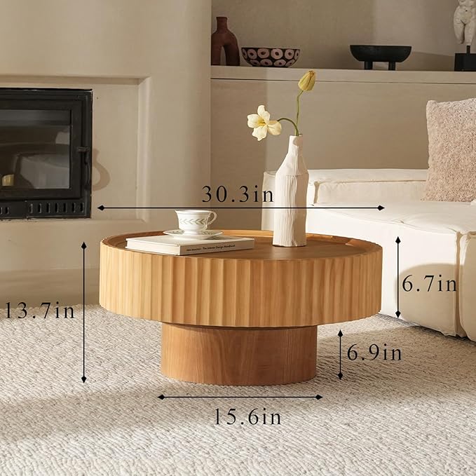 Round Coffee Table, 30.3in Modern Living Room Table, Fluted Drum Circle Tea Table with Storage, Accent Center Tables for Living Room, Apartment, Small Space(30.3''L×13.7''H) (Nature Wood)