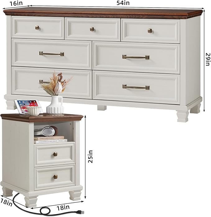 SAVOR LIFE Farmhouse Dresser and Nightstand Sets 3 Piece, 7 Drawer Dresser & 2 Drawer Nightstand Set, Rustic Wood Bedroom Furniture Set for Home, White