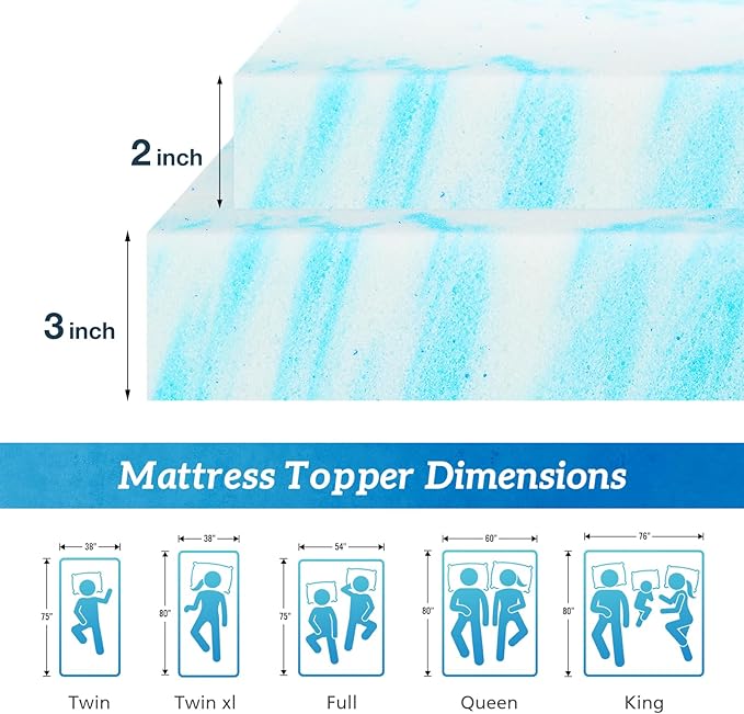 Mattress Topper Twin XL - 2 Inch Memory Foam Cooling Gel Infused Bed Topper for Back Pain, CertiPUR-US Certified