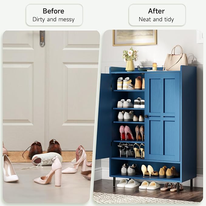 ONBRILL Shoe Cabinet with Cross Molding Doors, 6-Tier Shoe Storage Cabinet with 3 Adjustable Shelves and Metal Legs, 45'' Tall Shoes Rack Organizer Cabinet for Entryway, Front Door, Blue - Image 6