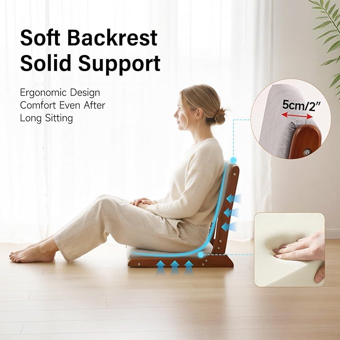 Tiita Floor Chair with Back Support, Foldable Meditation Tatami Chairs, Backrest Chair with Cushion, Living Room Chair Seat 4 Pack, Walnut Grey