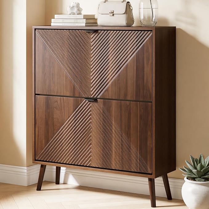 oakvivo Shoe Cabinet Storage, Farmhouse Freestanding Organizer with 2 Flip Drawers and 4 Wooden feet, Narrow Shoe Rack Cabinet for Entryway, Foyer, Hallway, Walnut by OAKVIVOElegantLifestyle