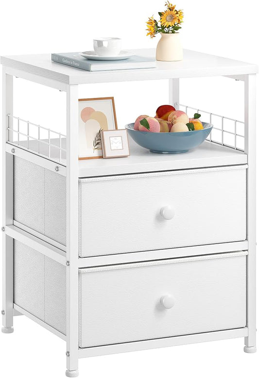 EnHomee 17.8" W Nightstand, End Table with Fabric Drawers and Open Wood Shelf Storage,Safety Netting on 2 Sides of Night Stand, Bedside Table with Metal Frame for Bedroom,Closet, Hallway,Dorm, White by EnHomee