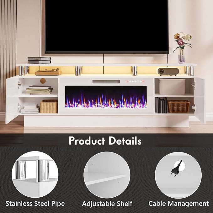 TAVATA 70" Fireplace TV Stand with 36" Fireplace for TVs up to 80", Modern Wooden Entertainment Center with LED Lights for Living Room Bedroom, High Gloss TV Console Cabinet with Open Shelf, White - Image 4