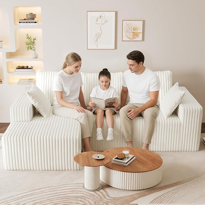 96" Cloud Sectional Couches for Living Room, Modular Sectional Sofa with Chaise, Upholstered Boneless Couches, Comfy Flannel Fluffy Couch with Pillows and Side Pockets No Assembly(Beige