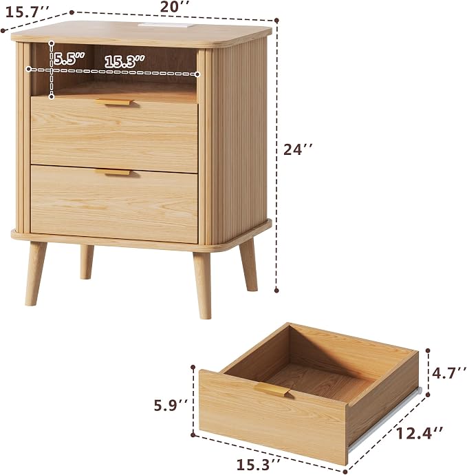 Fluted Nightstand, Night Stand with Charging Station, Mid Century Modern Bedside Table with Drawer & Open Shelf, Curved Profile Design, End Side Table with Storage for Bedroom, Oak - Image 2