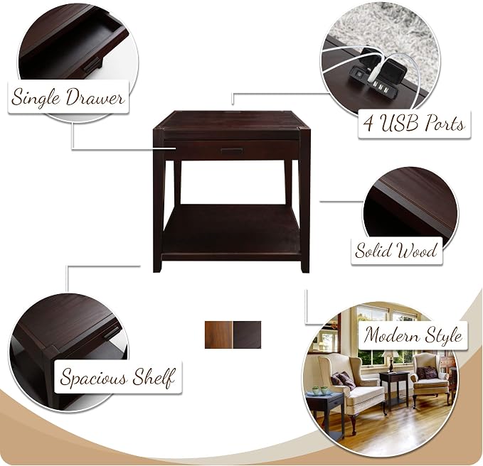 Casual Home Notre Dame Nightstand with USB Ports-Espresso, 18.75 in x 24 in x 26 in (D x W x H) - Image 5