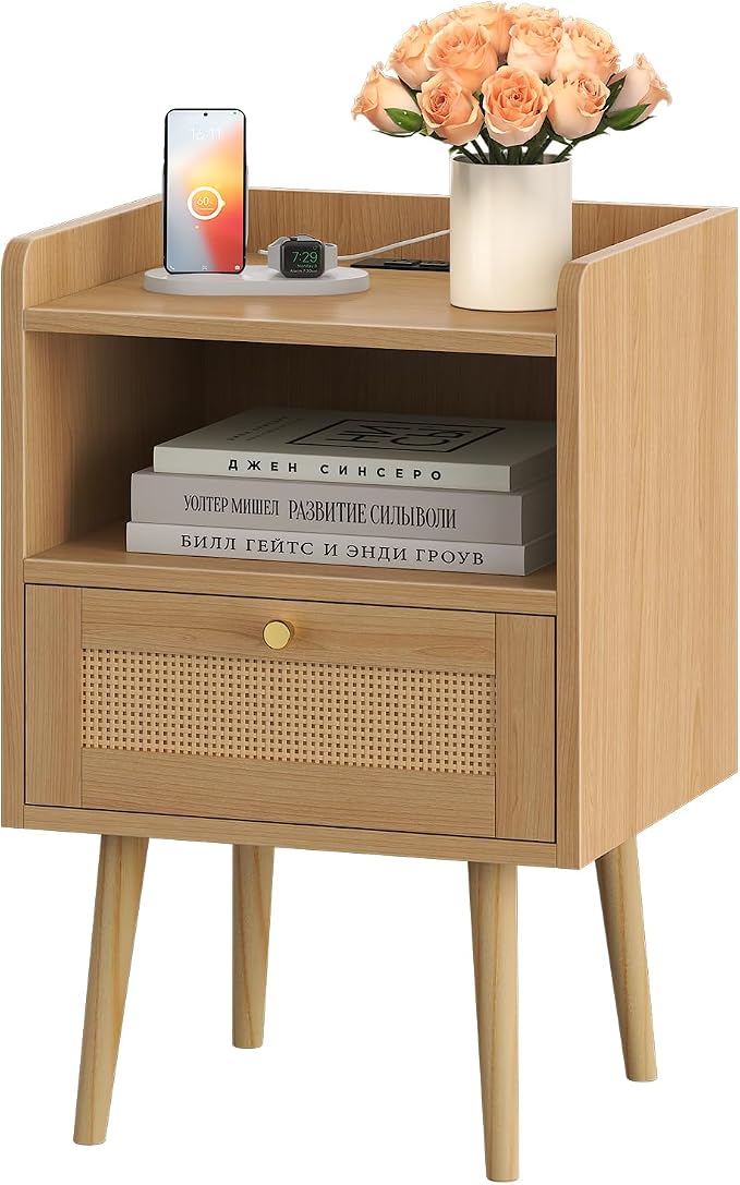 MECHYIN Nightstand with Charging Station & Rattan Decor Drawer, Boho Bedside End Table, Bed Side Table with Open Storage for Apartment Bedroom Living Room Dorm by MECHYIN