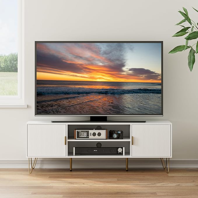 TV Stand for 55-65 Inch TV, Entertainment Center with Soft Hinge Door,TV Console Table with 2 Cabinets with Gold Handle and Feet,for Living Room, Bedroom, White - Image 4