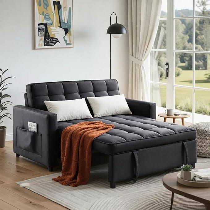 3 in 1 Convertible Sofa Bed, Love Seat Sleeper Bed with Side Pockets, PU Fabric Pull Out Couch with Adjustable Backrest for Living Room, Bedroom, Apartment, Black