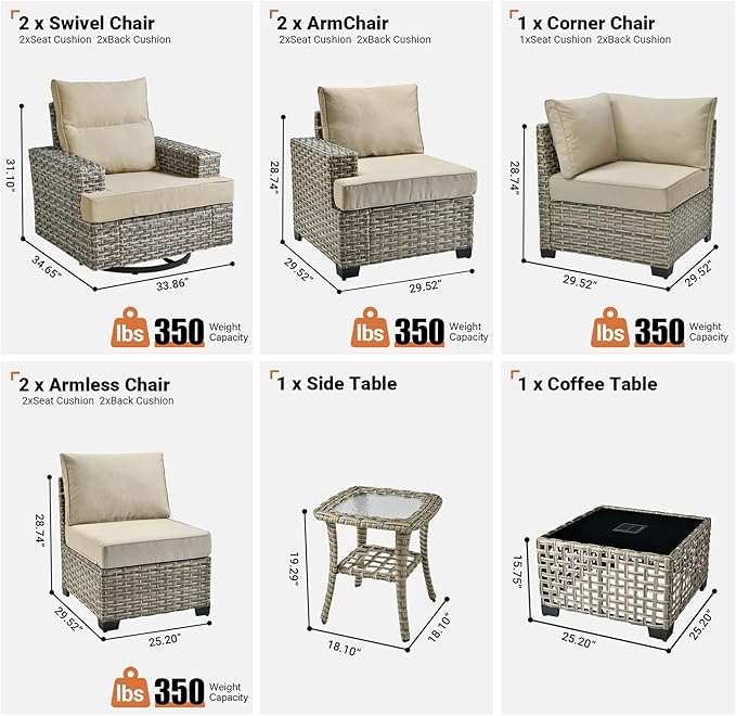 ovios 9 Piece Patio Sectional Furniture with Swivel Rocking Chairs, Rattan Wicker Coversation Set with Glowing Coffee Table, Outdoor Sofa Set for Outside Porch Balcony Backyard Pool,Beige