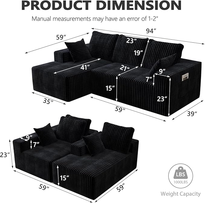 96" Cloud Sectional Couches for Living Room, Modular Sectional Sofa with Chaise, Upholstered Boneless Couches, Comfy Flannel Fluffy Couch with Pillows and Side Pockets No Assembly(Black)