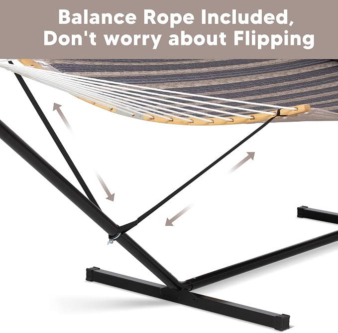 SUNCREAT Hammocks for Outside with Stand Included, Double Hammock with Curved Spreader Bar, Carrying Bag, Gray Stripes - Image 3