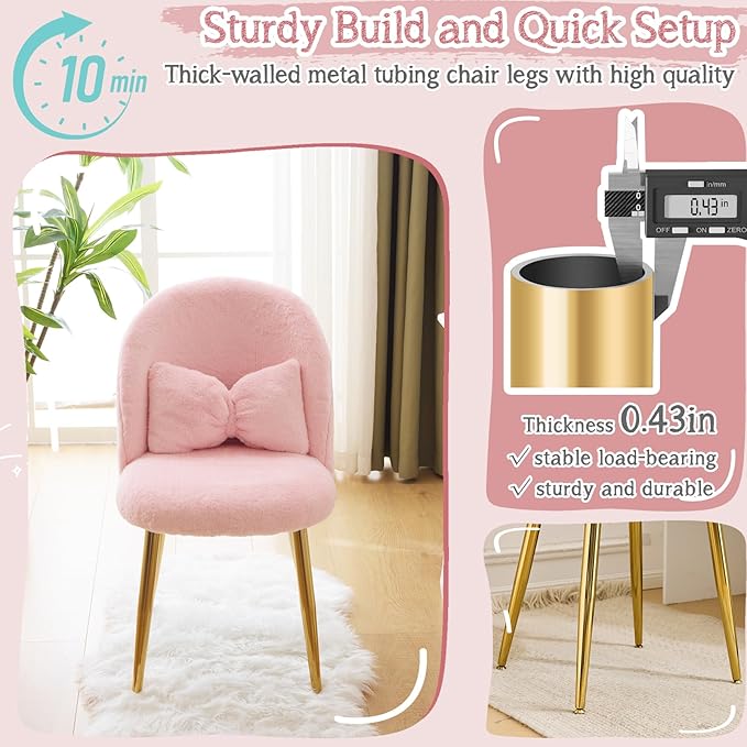 VINGLI Fluffy Girls Vanity Chair with Back & Pillow,Cute Small Cozy Desk Chair No Wheels,Comfy Makeup Ch with Ajustable Gold Legs,for Bedroom,Living Room,Small Space,Pink