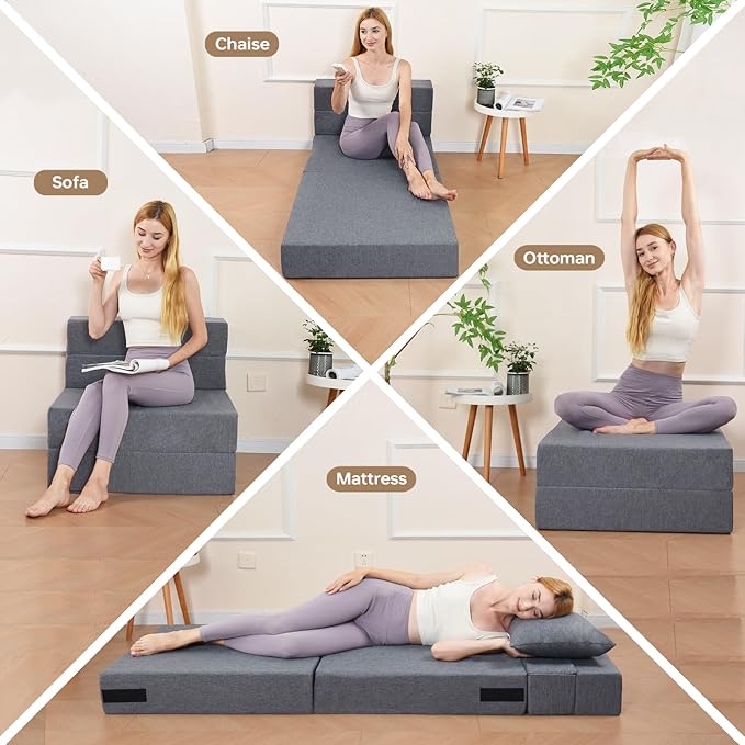 Folding Sofa Bed, Convertible Futon Sofa Bed with Pillow, Fold Out Couch with Washable Cover, Foldable Sleeper Chair for Living Room, Dorm, Guest Room, Single Size, Light Grey
