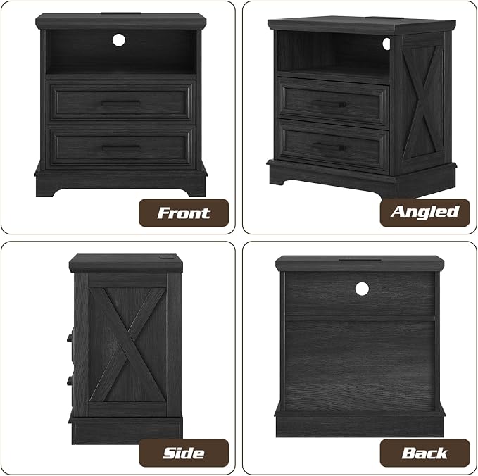 knoworld 24 Inch Wide Farmhouse Nightstands with Charging Station, Dark Gray Nightstand with 2 Large Drawers, Rustic Wood End Table for Bedroom - Image 9